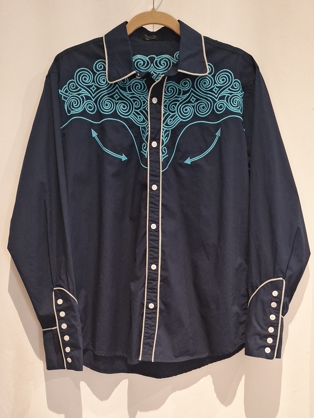 Coofandy Men's Navy Western Shirt with Turquoise Embroidery